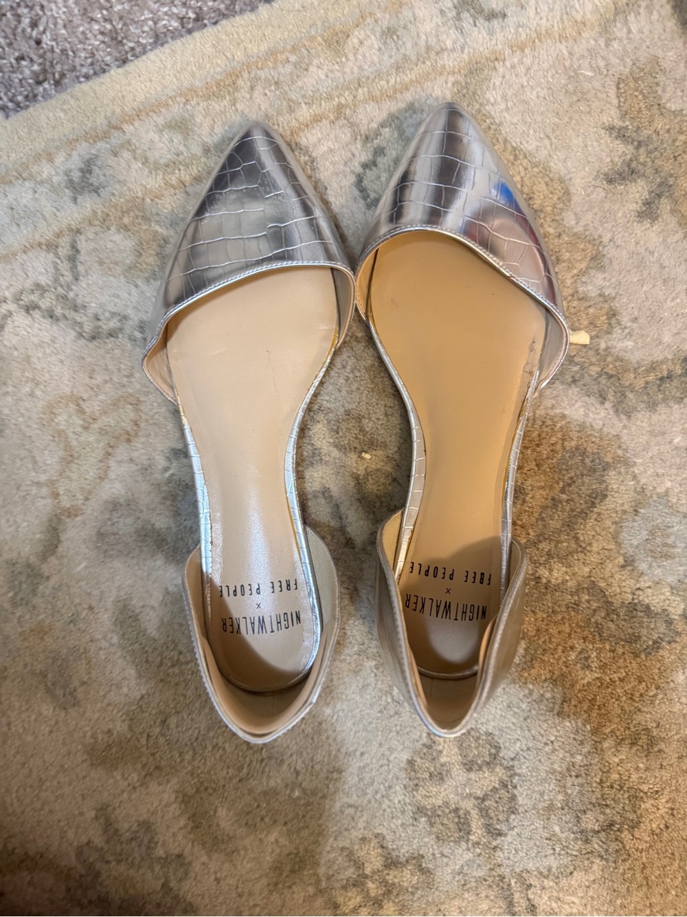 Free People Silver Croc-Embossed Pointed D'Orsay Flats